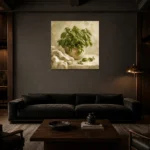 Fresh Olive Green Basil Herb Wall Art Canvas Print shown in a warm modern interior