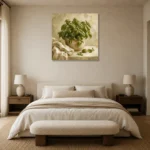 Fresh Olive Green Basil Herb Wall Art Canvas Print showcased in an elegant minimalist interior