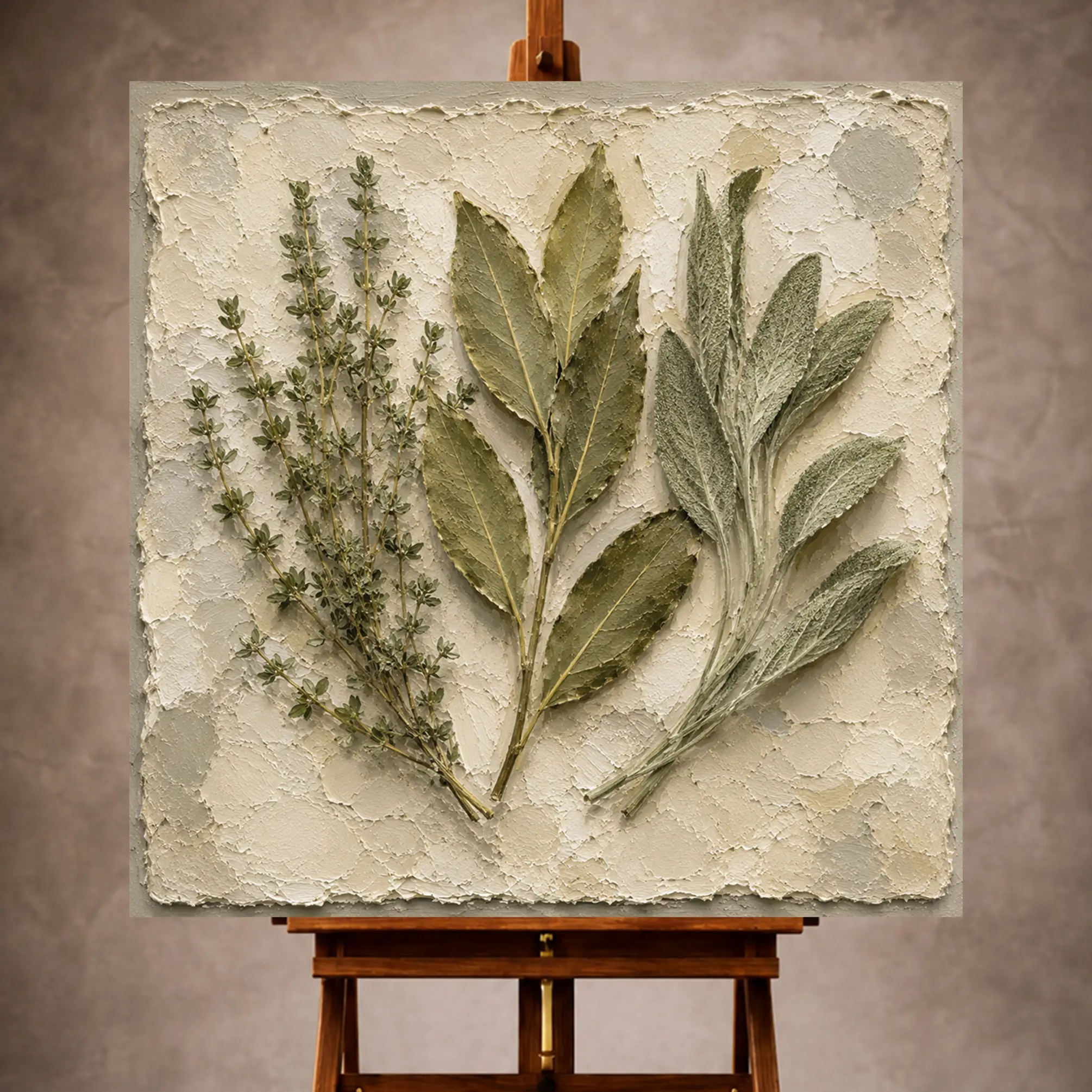 Premium Wall Art Kare Html Edition – KITCHENWALL064 Image 1 Sage and ivory calm botanical Herb Wall Art print for elegant interiors. No text or watermarks in design.
