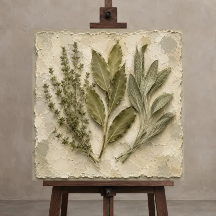Sage & Ivory Thyme Herbarium Herb Wall Art Canvas Print displayed on a studio easel