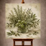 Sage green understated quiet luxury Herb Wall Art print for elegant interiors. No text or watermarks in design.