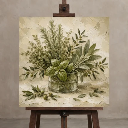 Sage Green Mixed Culinary Herb Wall Art Canvas Print displayed on a studio easel