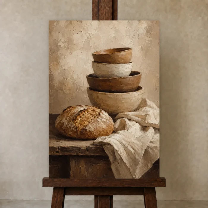 Cream & Clay Rustic Kitchen Still Life Wall Art Canvas Print displayed on a studio easel