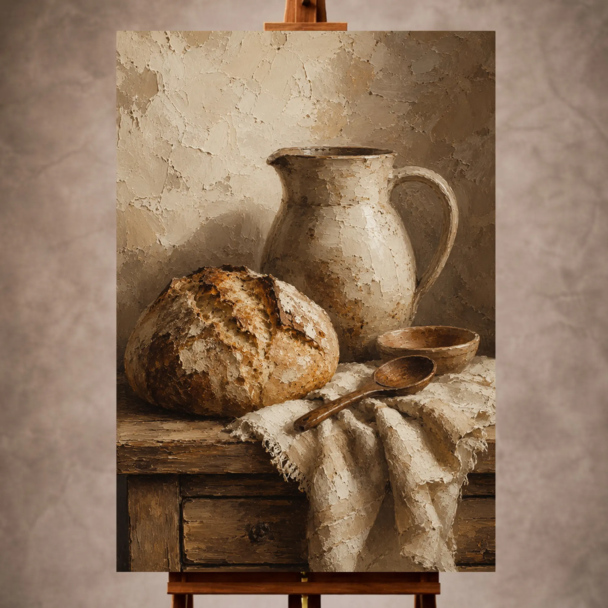 Premium Wall Art Dikey Html Edition – KITCHENWALL067 Image 1 Cream and umber Rustic Kitchen Wall Art print for elegant interiors. No text or watermarks in design.