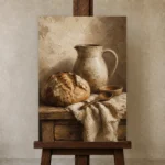 Cream & Umber Rustic Kitchen Still Life Wall Art Canvas Print displayed on a studio easel