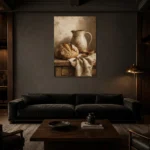 Cream & Umber Rustic Kitchen Still Life Wall Art Canvas Print shown in a warm modern interior