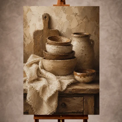 Clay and taupe Rustic Kitchen Wall Art print for elegant interiors. No text or watermarks in design.