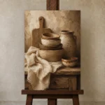 Clay & Taupe Rustic Kitchen Still Life Wall Art Canvas Print displayed on a studio easel