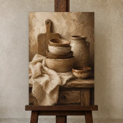Clay & Taupe Rustic Kitchen Still Life Wall Art Canvas Print shown in Studio Easel