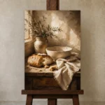 Cream & Honey Beige Rustic Kitchen Still Life Wall Art Canvas Print displayed on a studio easel