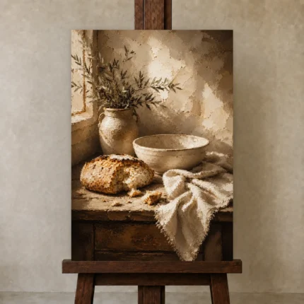 Cream & Honey Beige Rustic Kitchen Still Life Wall Art Canvas Print shown in Studio Easel