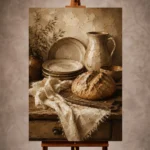 Cream and muted bronze Rustic Kitchen Wall Art print for elegant interiors. No text or watermarks in design.