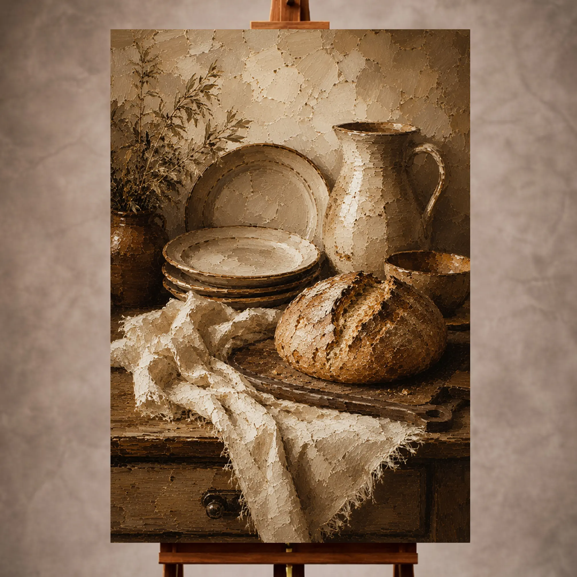 Premium Wall Art Dikey Html Edition – KITCHENWALL070 Image 1 Cream and muted bronze Rustic Kitchen Wall Art print for elegant interiors. No text or watermarks in design.