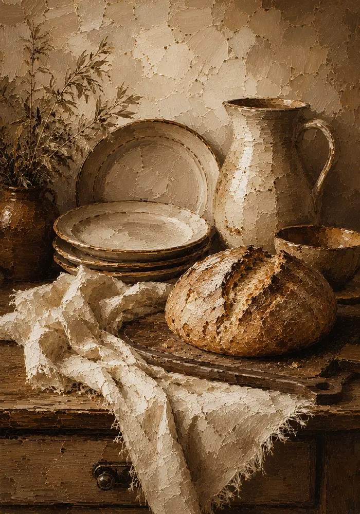 Cream & Muted Bronze Rustic Kitchen Still Life Wall Art Canvas Print