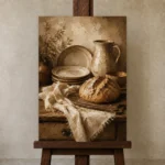 Cream & Muted Bronze Rustic Kitchen Still Life Wall Art Canvas Print displayed on a studio easel