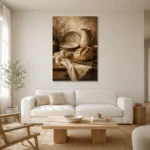 Cream & Muted Bronze Rustic Kitchen Still Life Wall Art Canvas Print styled in a refined neutral interior