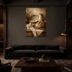 Cream & Muted Bronze Rustic Kitchen Still Life Wall Art Canvas Print shown in a warm modern interior