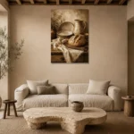 Cream & Muted Bronze Rustic Kitchen Still Life Wall Art Canvas Print presented in a sophisticated home setting