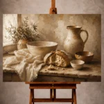 Cream and oat Rustic Kitchen Wall Art print for elegant interiors. No text or watermarks in design.