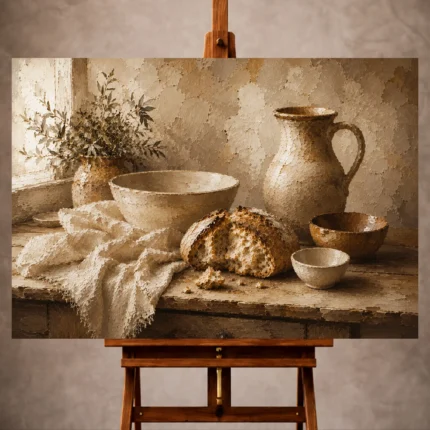 Cream and oat Rustic Kitchen Wall Art print for elegant interiors. No text or watermarks in design.