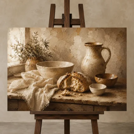 Cream & Oat Rustic Kitchen Still Life Wall Art Canvas Print shown in Studio Easel