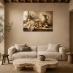 Cream & Oat Rustic Kitchen Still Life Wall Art Canvas Print presented in a sophisticated home setting