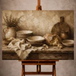 Clay and toasted beige Rustic Kitchen Wall Art print for elegant interiors. No text or watermarks in design.