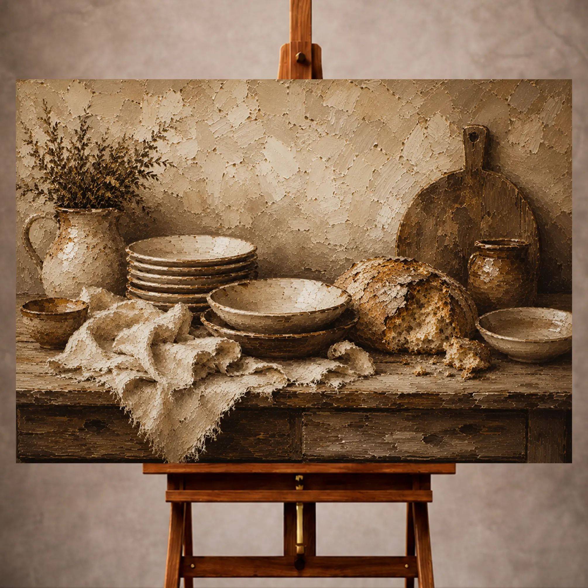 Premium Wall Art Yatay Html Edition – KITCHENWALL072 Image 1 Clay and toasted beige Rustic Kitchen Wall Art print for elegant interiors. No text or watermarks in design.