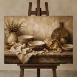 Clay & Toasted Beige Rustic Kitchen Still Life Wall Art Canvas Print displayed on a studio easel