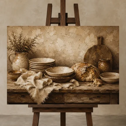 Clay & Toasted Beige Rustic Kitchen Still Life Wall Art Canvas Print shown in Studio Easel