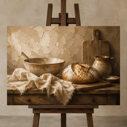 Cream & Caramel Rustic Kitchen Still Life Wall Art Canvas Print shown in Studio Easel