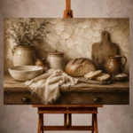 Parchment and wood Rustic Kitchen Wall Art print for elegant interiors. No text or watermarks in design.