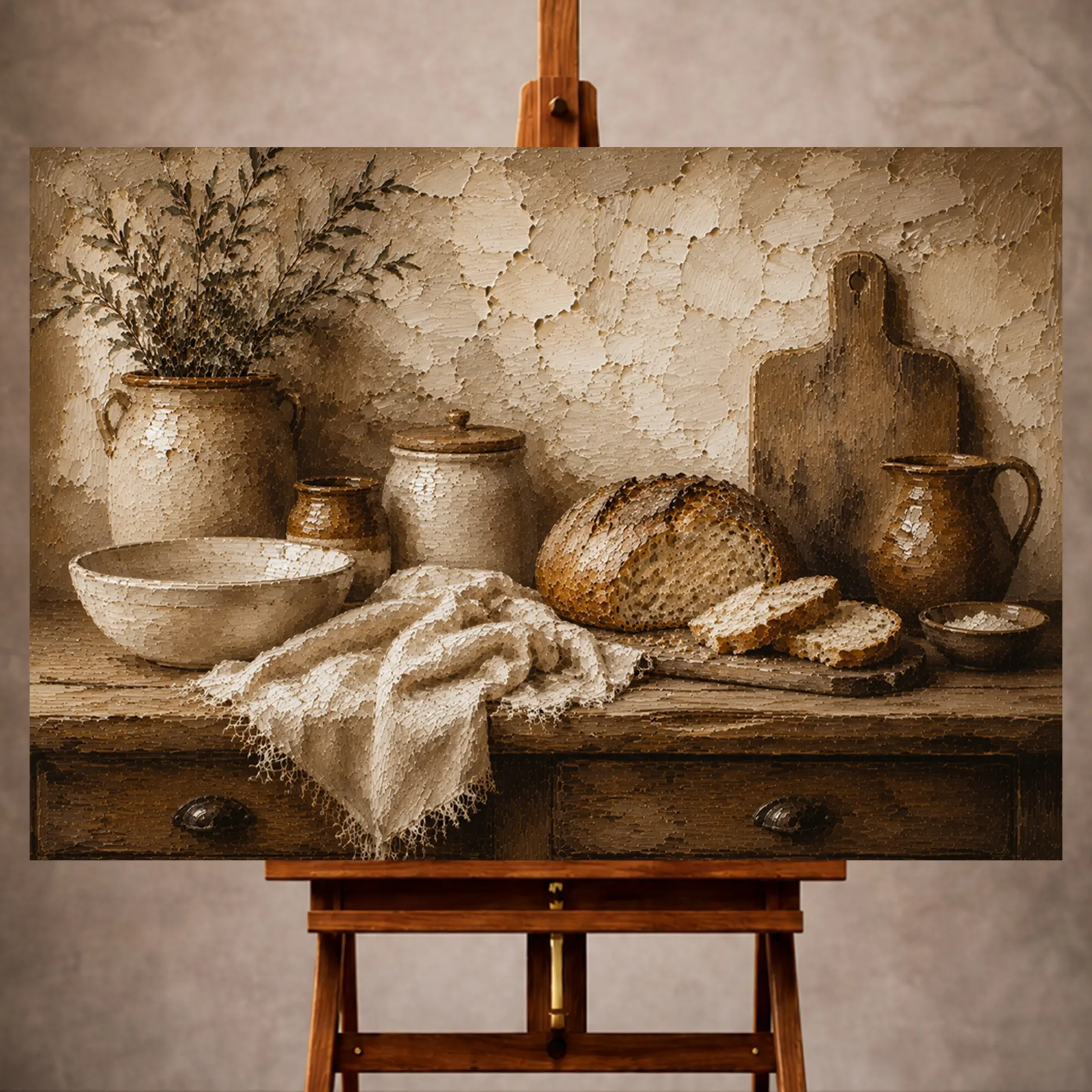 Premium Wall Art Yatay Html Edition – KITCHENWALL074 Image 1 Parchment and wood Rustic Kitchen Wall Art print for elegant interiors. No text or watermarks in design.