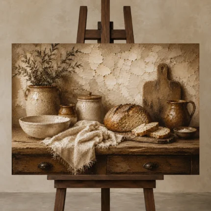 Parchment & Wood Rustic Kitchen Still Life Wall Art Canvas Print displayed on a studio easel