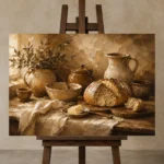 Honey Beige & Cocoa Rustic Kitchen Still Life Wall Art Canvas Print displayed on a studio easel