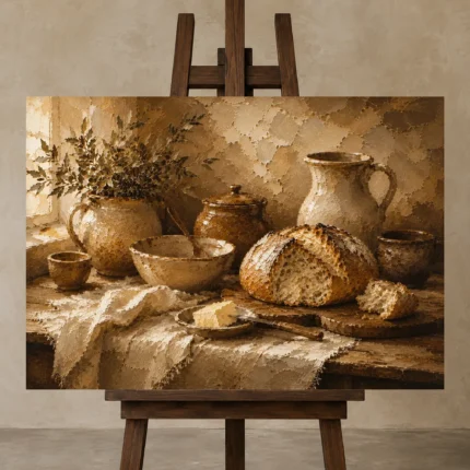 Honey Beige & Cocoa Rustic Kitchen Still Life Wall Art Canvas Print displayed on a studio easel
