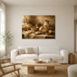 Honey Beige & Cocoa Rustic Kitchen Still Life Wall Art Canvas Print styled in a refined neutral interior