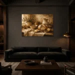 Honey Beige & Cocoa Rustic Kitchen Still Life Wall Art Canvas Print shown in a warm modern interior