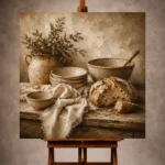 Cream and warm oat Rustic Kitchen Wall Art print for elegant interiors. No text or watermarks in design.