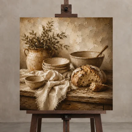 Cream & Warm Oat Rustic Kitchen Still Life Wall Art Canvas Print shown in Studio Easel