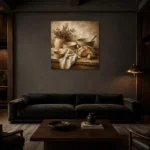 Cream & Warm Oat Rustic Kitchen Still Life Wall Art Canvas Print shown in a warm modern interior