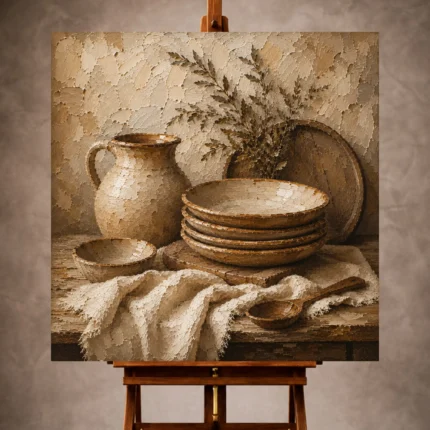 Clay and muted beige Rustic Kitchen Wall Art print for elegant interiors. No text or watermarks in design.