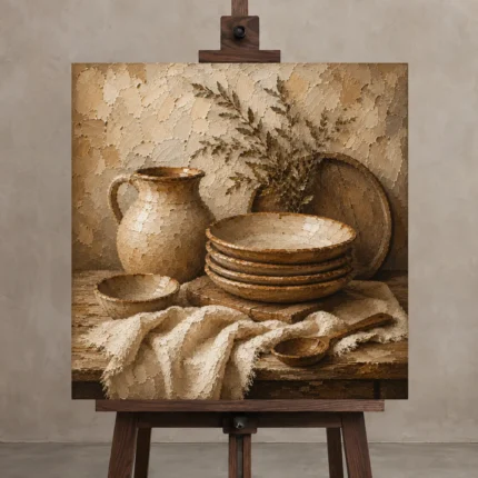 Clay & Muted Beige Rustic Kitchen Still Life Wall Art Canvas Print shown in Studio Easel