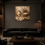 Clay & Muted Beige Rustic Kitchen Still Life Wall Art Canvas Print shown in a warm modern interior