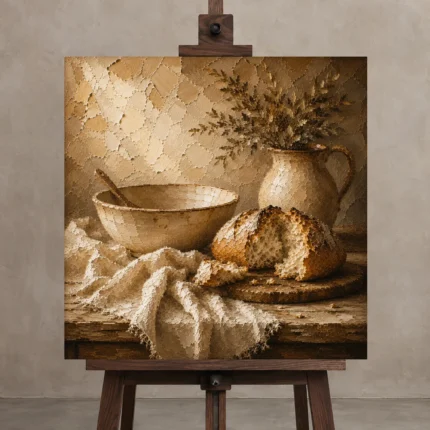 Honey Beige Artisan Bread Rustic Kitchen Wall Art Canvas Print displayed on a studio easel