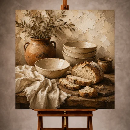 Parchment and clay Rustic Kitchen Wall Art print for elegant interiors. No text or watermarks in design.