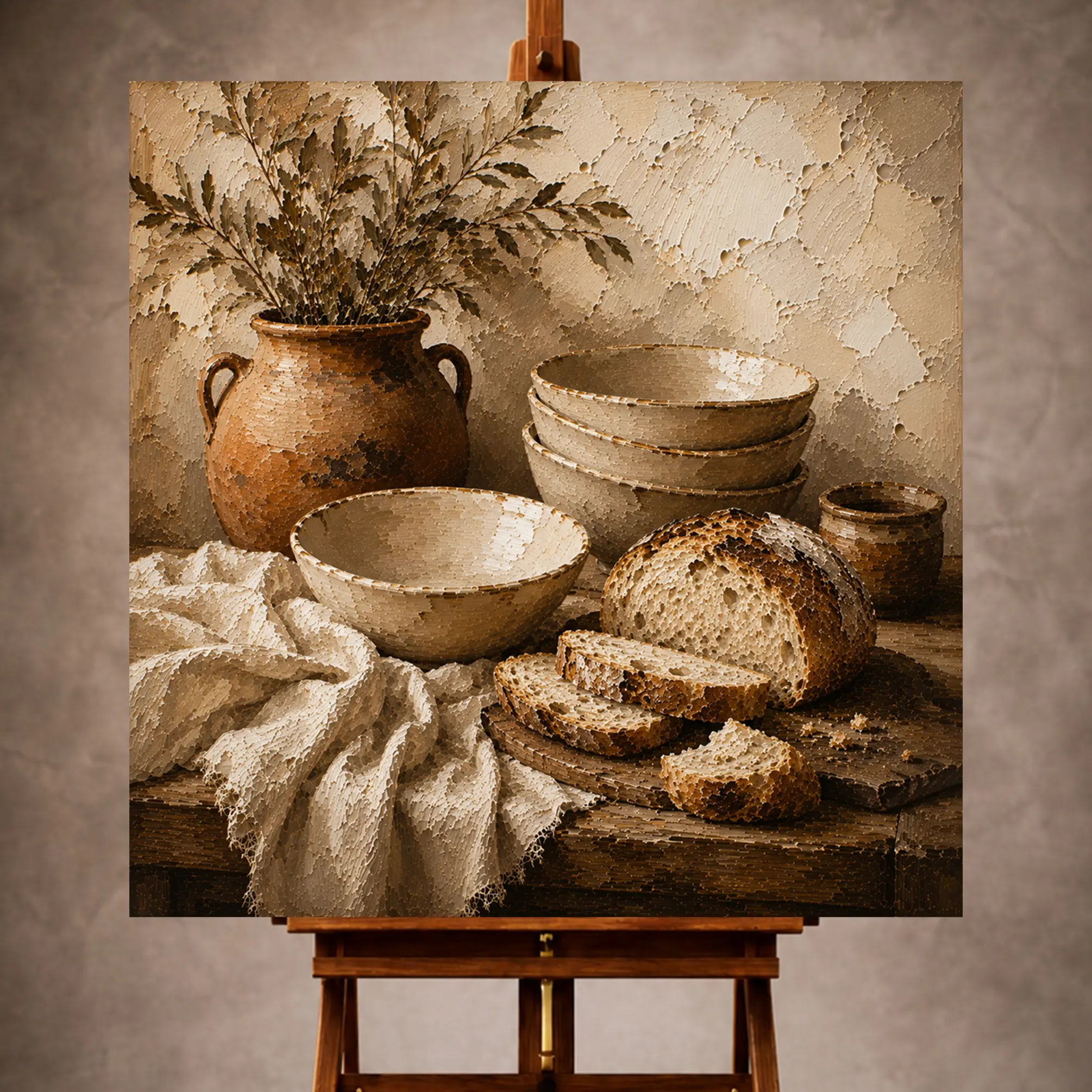Premium Wall Art Kare Html Edition – KITCHENWALL079 Image 1 Parchment and clay Rustic Kitchen Wall Art print for elegant interiors. No text or watermarks in design.