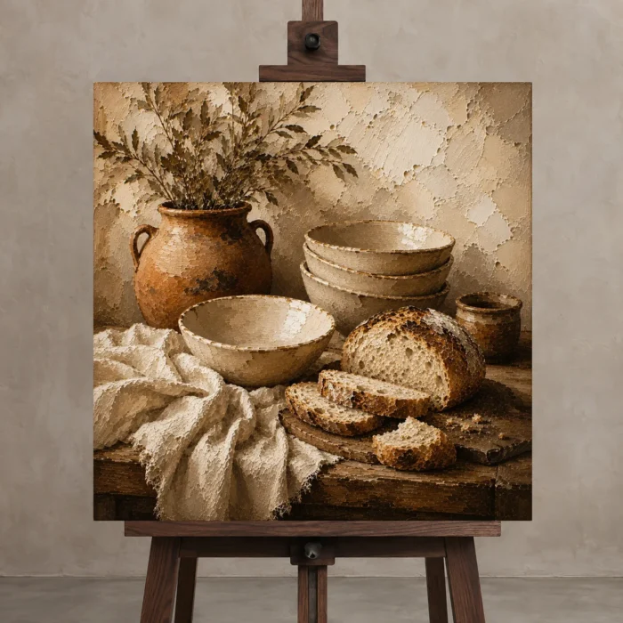 Parchment & Clay Rustic Kitchen Still Life Wall Art Canvas Print displayed on a studio easel