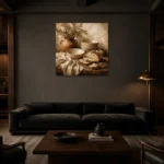 Parchment & Clay Rustic Kitchen Still Life Wall Art Canvas Print shown in a warm modern interior