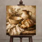 Soft Caramel & Clay Rustic Kitchen Still Life Wall Art Canvas Print displayed on a studio easel